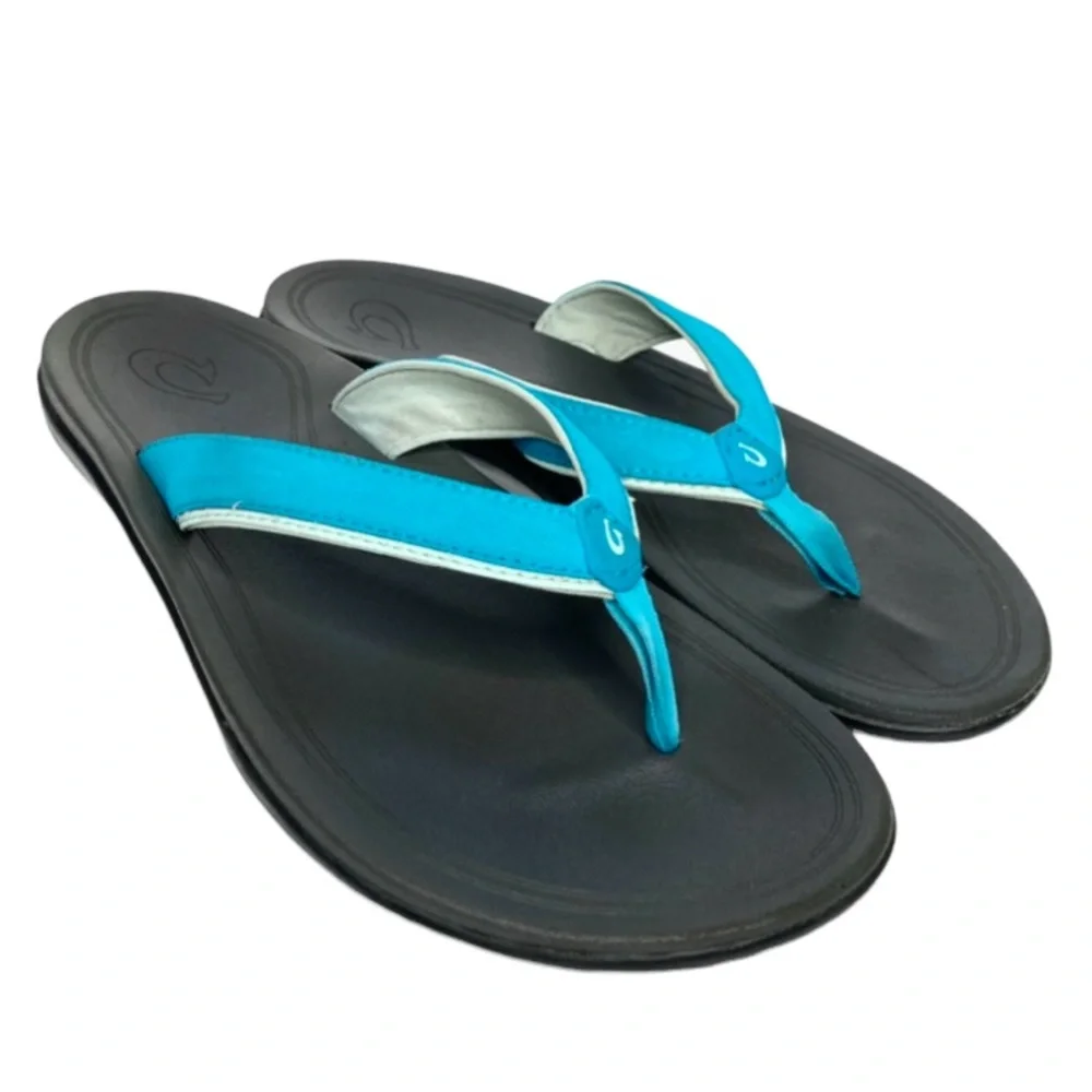Olukai Punua Blue Teal & Black Thong Sandal Flip Flops Women’s Size 7